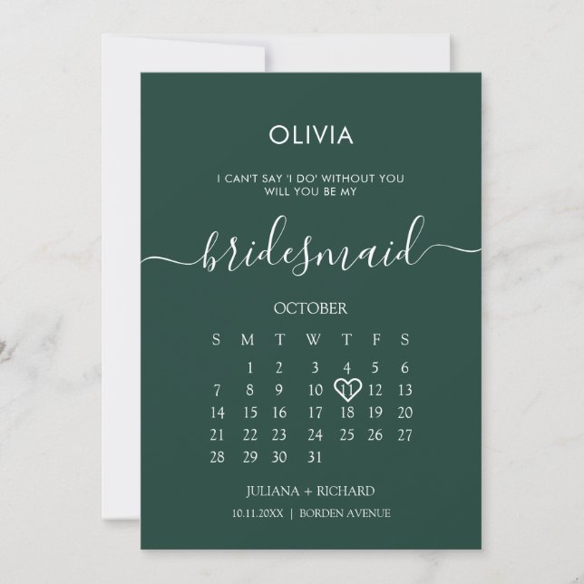Modern Script Calendar Bridesmaid Emerald Frieri Inbjudningar (Framsida)