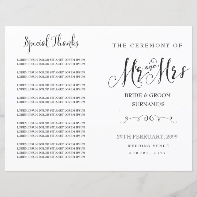 Modern Script Calligraphy Mr & Mrs Bröllopsprogram (Framsida)