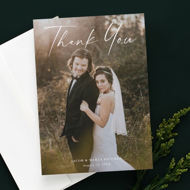 Modern Script Calligraphy Photo Bröllop Tack Kort (Skapare uppladdad)