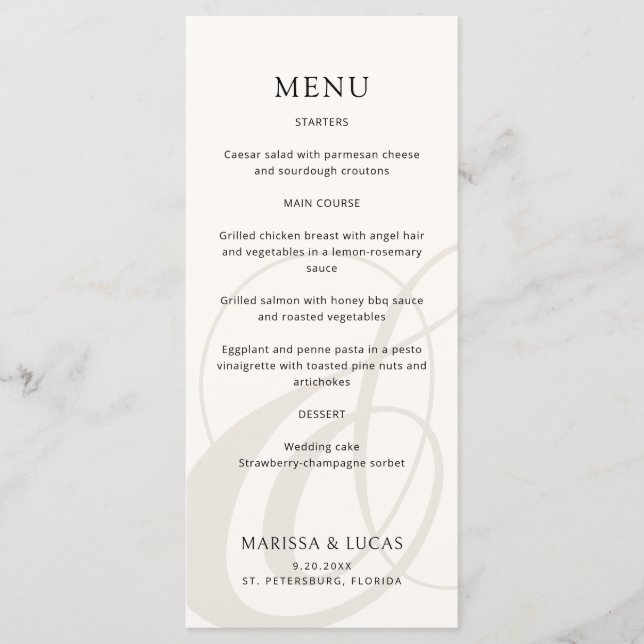 Modern Script Champagne Ampersand Bröllop Menu Meny (Framsida)