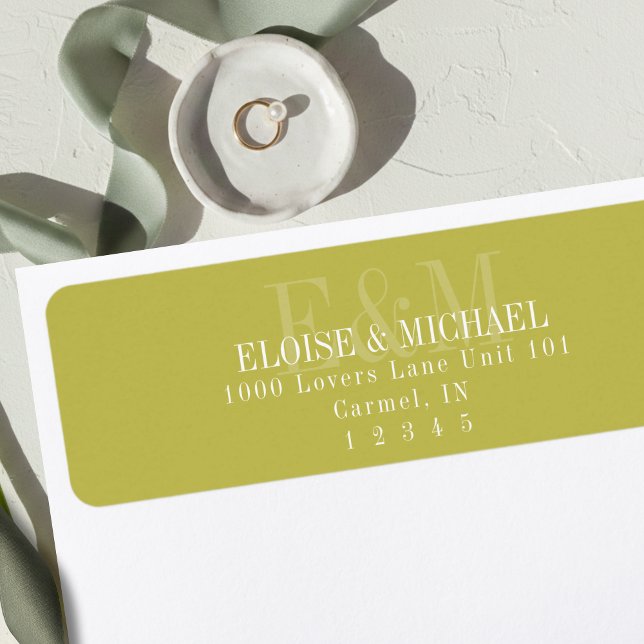 Modern Script Chartreuse Citrus Monogram Bröllop Returadress Etikett (Modern Script Chartreuse Citrus Monogram Wedding Label)