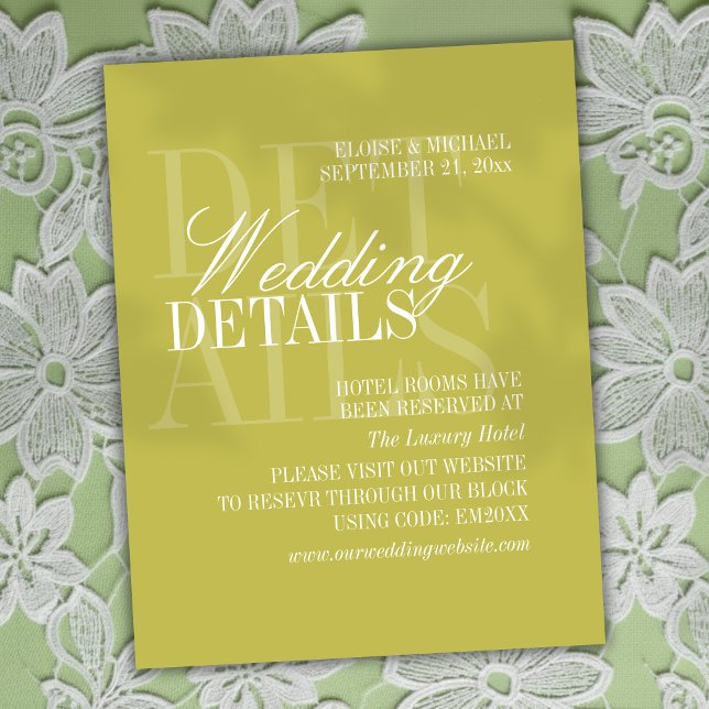 Modern Script Citrus Green Wedding Details QR Tilläggskort (Invite guests to plan their stay with this Modern Script Citrus Green Card!)