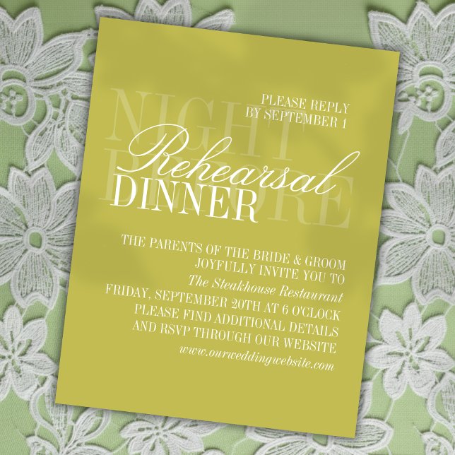 Modern Script Citrus Green Wedding Rehearsal Tilläggskort (Invite guests to join your rehearsal dinner with this Modern Script Citrus Green Card!)