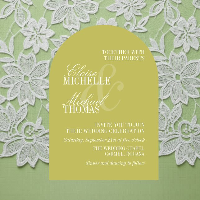 Modern Script Citrus Grön Formell Båge Bröllop  Inbjudningar (Modern Chartreuse Formal Arch Wedding Invitation)