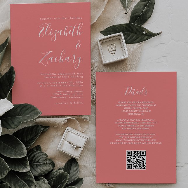 Modern Script Coral Pink QR Code Wedding Inbjudningar (Skapare uppladdad)