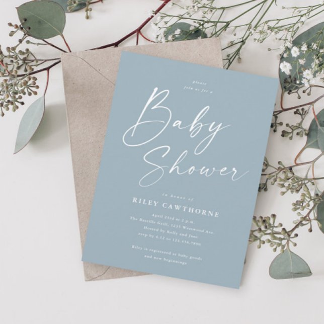 Modern Script Damblå Pojk Babyshower Inbjudningar (Skapare uppladdad)