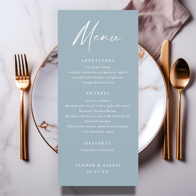 Modern Script Dammblå Bröllopsmeny Program (Modern script simple dusty blue wedding menu.
)