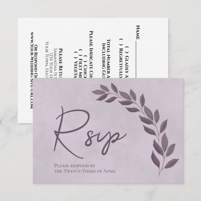 Modern Script Dammtorpslila & Plommonblad Bröllop OSA Kort (Fram/baksida)