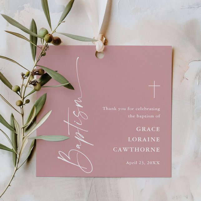 Modern Script Damrosa flickor Dop Tack Gåvor Etiketter (Modern script dusty pink boho girls baptism thank you favor tags.)