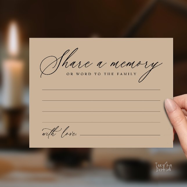 Modern Script Dela en Minnes-Funeral Kort (Modern Script Share a Memory Funeral Note Card in Black and Tan Kraft)
