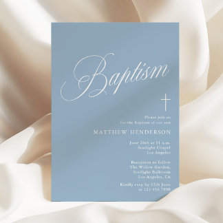 Modern Script Dusty Blue Boys Baptism Inbjudningar