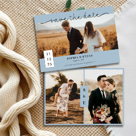 Modern Script Dusty Blue Photo Bröllop Spara Datumet