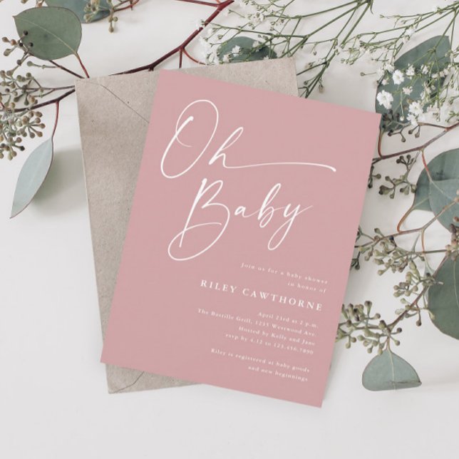 Modern Script Dusty Pink Oh Babyfirande Inbjudningar (Skapare uppladdad)