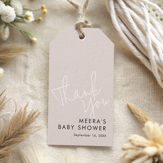 Modern Script Dusty Pink Tack Baby Shower Presentetikett (Modern Script Dusty Pink Thank You Baby Shower Gift Tags)