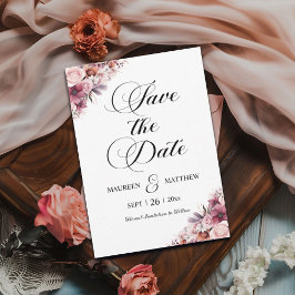 Modern Script Dusty Rosa Boho-Blommigten Spara dat Datumet