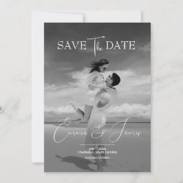 Modern Script Elegant Greyscale Wedding Photo Spara Datumet
