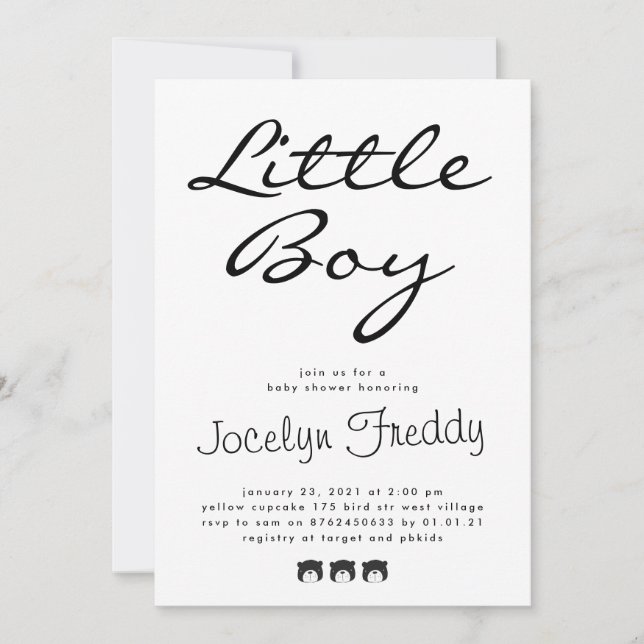 Modern Script Elegant Little Boy Black On White Inbjudningar (Framsida)