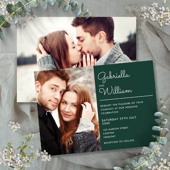 Modern Script Emerald Grönt 2 Photo Bröllop Inbjudningar (Modern Script Emerald Green 2 Photo Wedding Invitation)