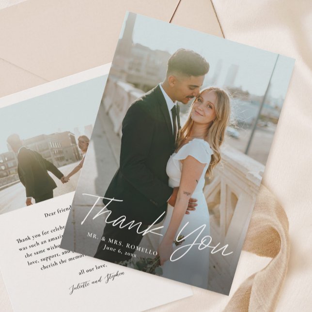 Modern Script Enkel 2 Foto Bröllop Tack Kort (Handwritten script 2 photo wedding thank you cards.)