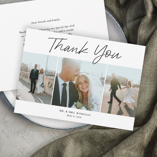 Modern Script Enkel 3 Foto Bröllop Tack Kort (Modern Script Wedding 3 Photo Thank You Cards.)