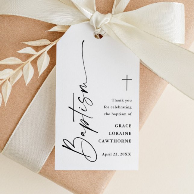 Modern Script Enkel Dop Tack Gunst Presentetikett (Modern script black and white baptism favor tags.)