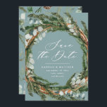 Modern script eucalyptus elegant bröllop spara datumet<br><div class="desc">Modern script och eucalyptus krans elegant bröllop save the date-kort. Modern minimalistisk stilren design. Alla färger kan anpassas.</div>