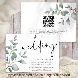Modern Script Eucalyptus QR Code Bröllop Inbjudningar