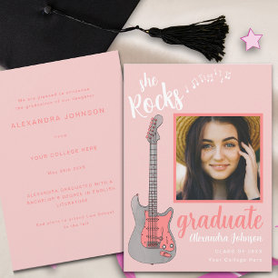 Modern Script Examenfoto Rosa Gitarr Inbjudningar