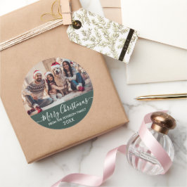 Modern Script-familjens fotoGrönt God jul Runt Klistermärke