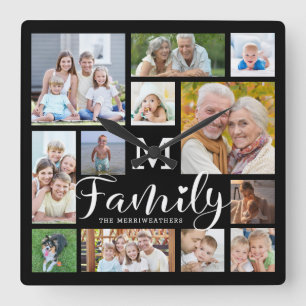 Modern Script FAMILY Namn Photo Collage Monogram Fyrkantig Klocka