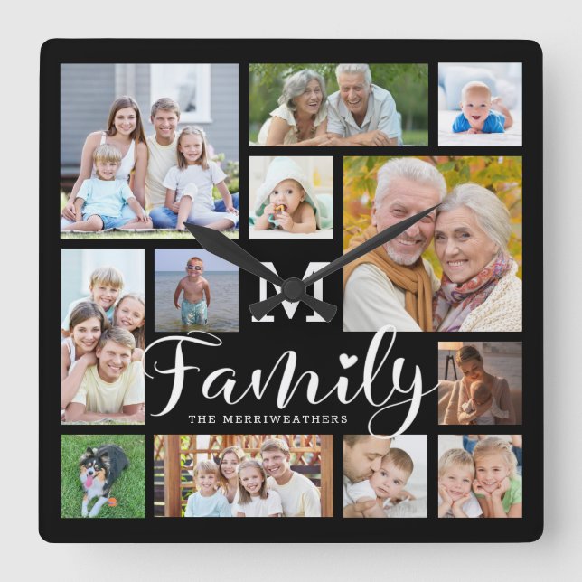 Modern Script FAMILY Namn Photo Collage Monogram Fyrkantig Klocka (Framsida)