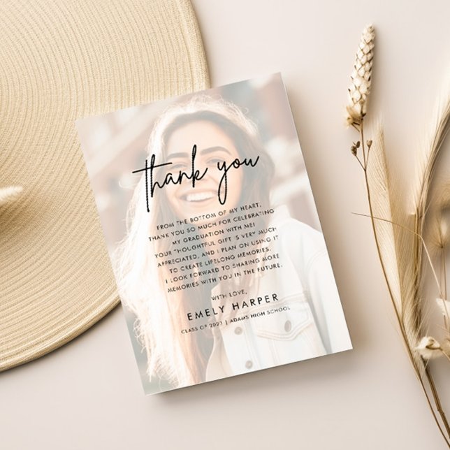Modern Script Faux Vellum Overlay Photo Studenten Tack Kort (Skapare uppladdad)
