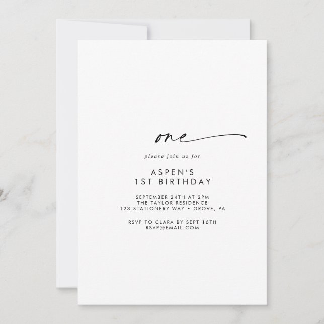 Modern Script First Birthday Party Invitation Inbjudningar (Framsida)
