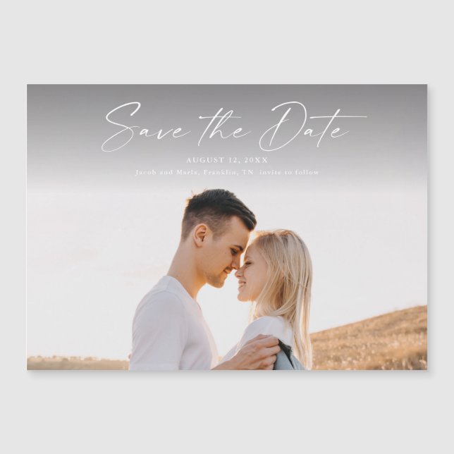 Modern Script Foto Bröllop Save The Date Magnetisk Inbjudningskort (Framsida)