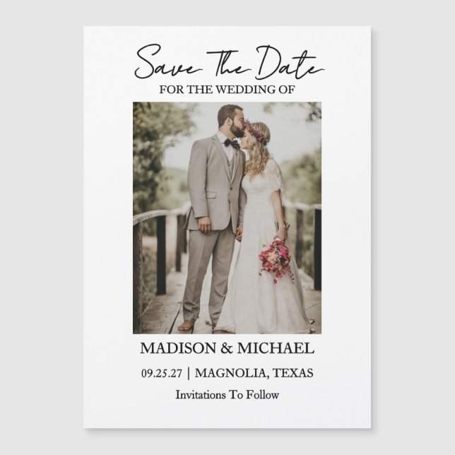 Modern Script Foto Bröllop Save The Date Magnetisk Inbjudningskort (Framsida)