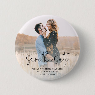 Modern Script Foto Bröllop Save the Date Minnessak Knapp
