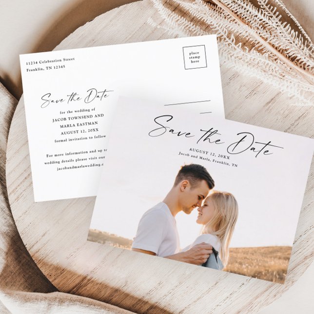 Modern Script Foto Bröllop Spara Datum Meddelande Vykort (Skapare uppladdad)