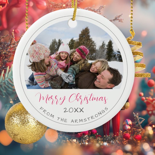 Modern Script Foto Familj Minnessaker Jul Julgransprydnad Keramik (Modern Script Photo Family Keepsake Christmas Ceramic Ornament ©Susanne Sachers - Sunny Mind 🌞)