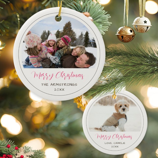Modern Script Foto Familj Minnessaker Jul Julgransprydnad Keramik (Family And Dog Ceramic Ornament)