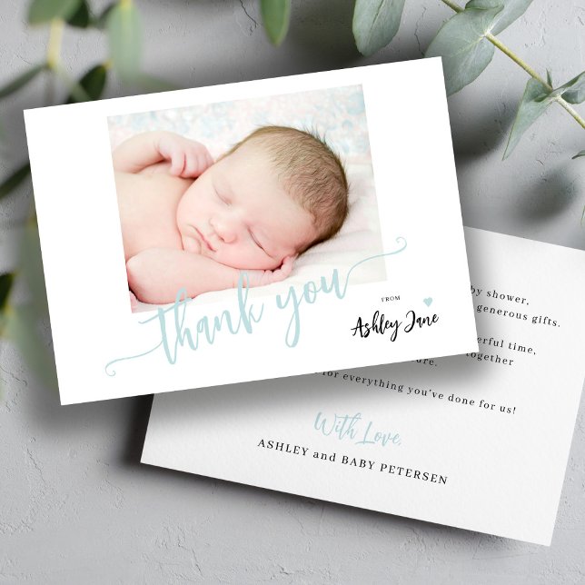 Modern script foto pojke baby shower tack kort (Skapare uppladdad)