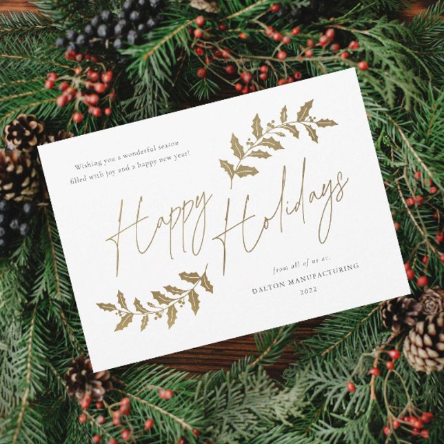 Modern Script Glad helg Business Helgdag Card (Elegant Script Gold Happy Holidays Greenery Leaves Business Holiday Magnetic Card.)