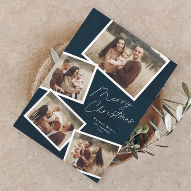 Modern Script God Jul 4 Foto Collage  (Modern Script 4 Photo Collage Christmas Holiday Magnetic Card)