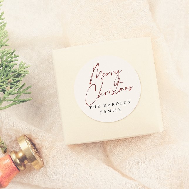 Modern Script God jul Anpassningsbar Family Namn Runt Klistermärke (Skapare uppladdad)