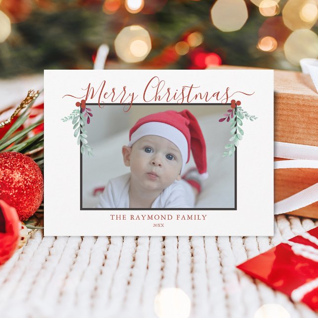 Modern Script God Jul Blommig Ram Foto Julkort (Modern Script Merry Christmas Floral Frame Photo Holiday Card)