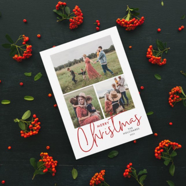 Modern Script God Jul Enkel 3 Foto Julkort (Simple script 3 photo collage merry christmas holiday card with handwritten typography.)