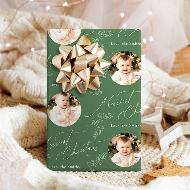 Modern Script God Jul Familj 2 foto Presentpapper (Modern Script Merriest Christmas Family 2 photo Wrapping Paper)