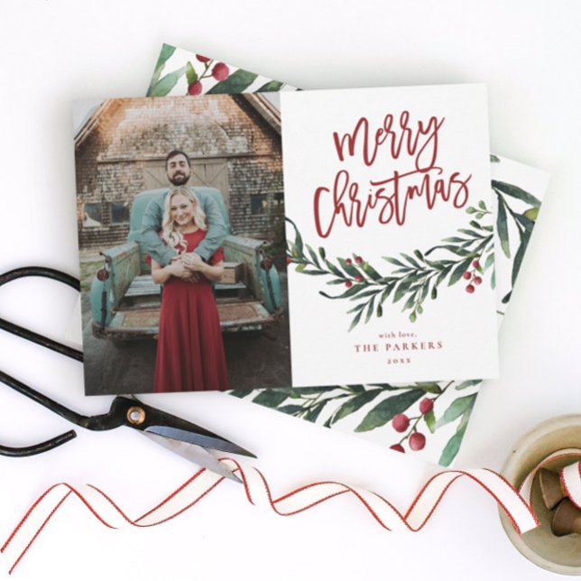 Modern Script God Jul Grönska Foto Julkort (Modern Script Merry Christmas Greenery Leaves Photo Holiday Card.)