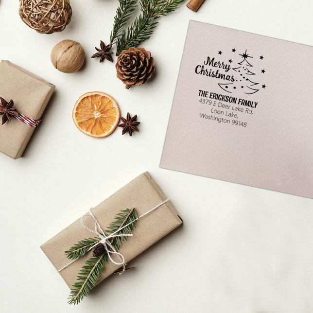 Modern Script God jul Träd Returadress Stämpel (Skapare uppladdad)