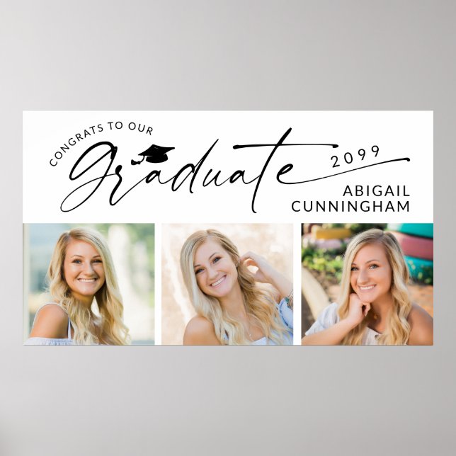 Modern Script Graduate 3 Photos Graduation Party Poster (Framsidan)
