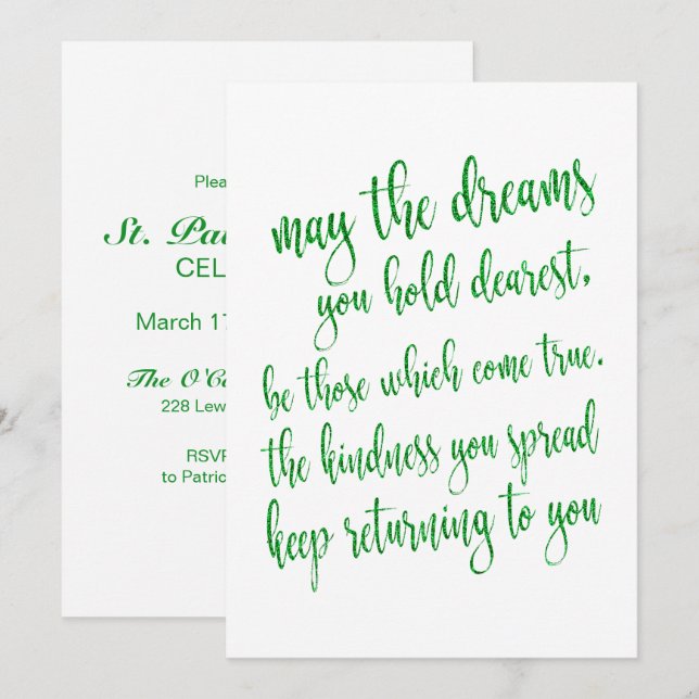 Modern script grön glitter St Patrick's Day-fest Inbjudningar (Fram/baksida)